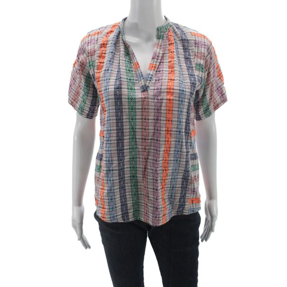 Ace & Jig Womens Multicolor Plaid V Neck Short Sleeve Tunic Cotton Size XS